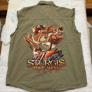 Sturgis Bike Week 2007 Mens Button Front Frayed Sleeveless Shirt Muscle 2XL XXL